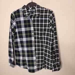 Brooks Brothers Mixed Plaid Button Down Shirt Navy Green Yellow Women Size 12